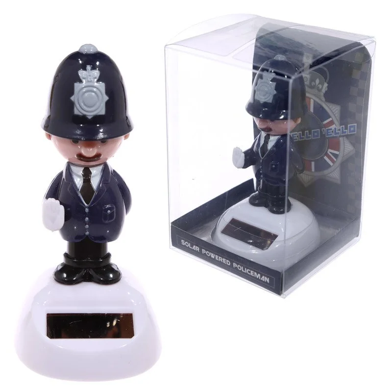 Solar garden figurine policeman, plastic ABS and metal components, magnetized base, CE/UKCA marked.