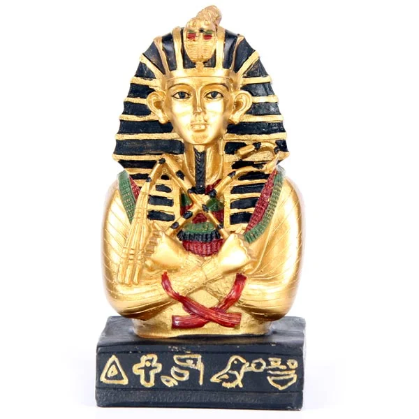 Resin Tutankhamen bust ornament, featuring fine details of pharaoh's headdress and face, mounted on a decorative base.