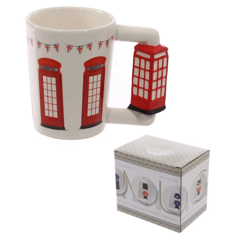 Ceramic London telephone box mug with 400ml capacity, inspired by classic red telephone boxes, 400ml dolomite material.