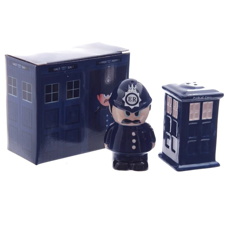 Ceramic salt and pepper set featuring a police officer and police box design, two ceramic shakers with rubber bung lids