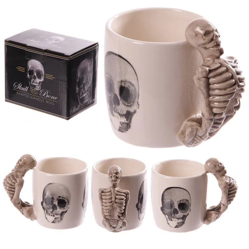 Cream ceramic skeleton mug with distinct shaped handle, 400 ml capacity, crafted in China.