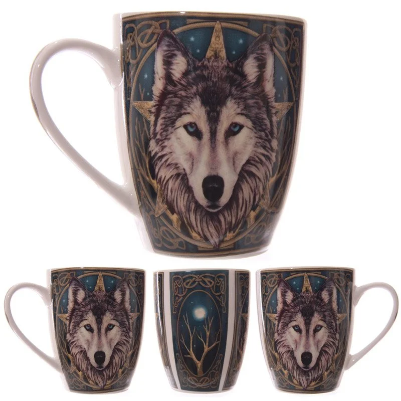 White porcelain Lisa Parker wolf mug featuring a lone wolf design, 300ml, microwave‑, dishwasher‑ and food‑safe