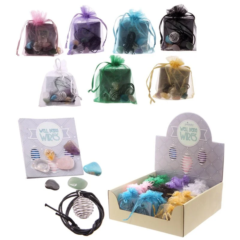 gemstone pendant necklace kit with seven assorted natural stones on a brass chain