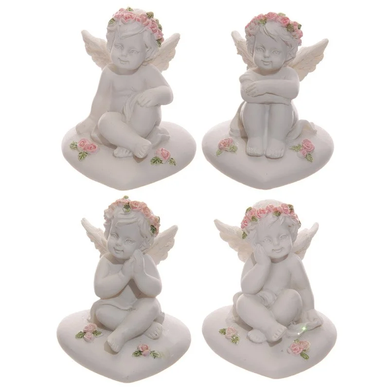 Resin cherub figurine heart with pink roses