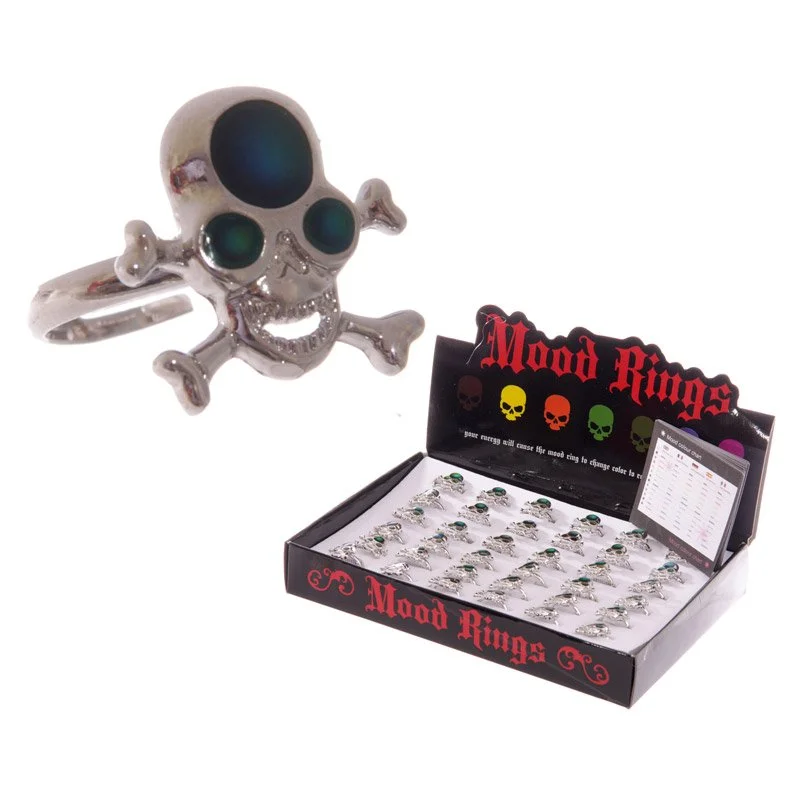 skull mood ring made of zinc with imitation rhodium, featuring a skull and cross bone design, adjustable fit