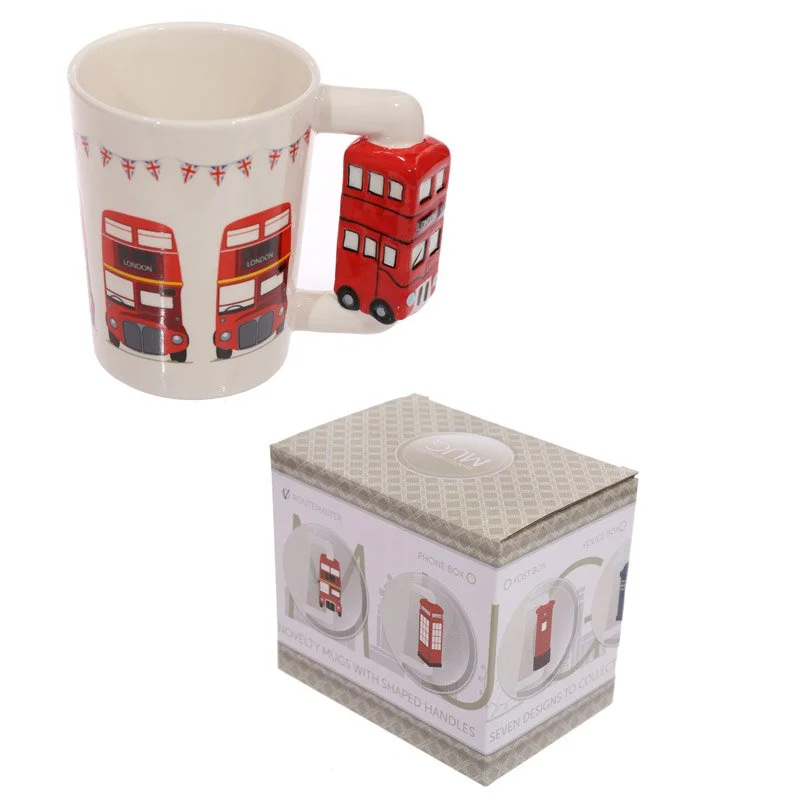 Red London Routemaster bus design on a shaped‑handle ceramic London Routemaster mug, 400ml capacity, food‑safe, made in China.