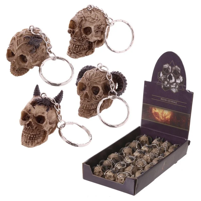 Celtic skull keyring with resin skull and metal base, worn on keychain.