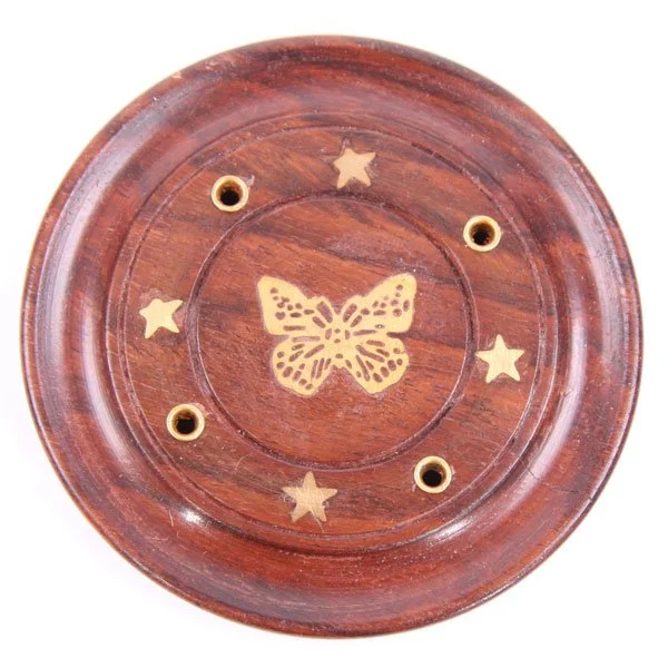 Round sheesham wood incense ash catcher with butterfly design, metal accents, crafted in India
