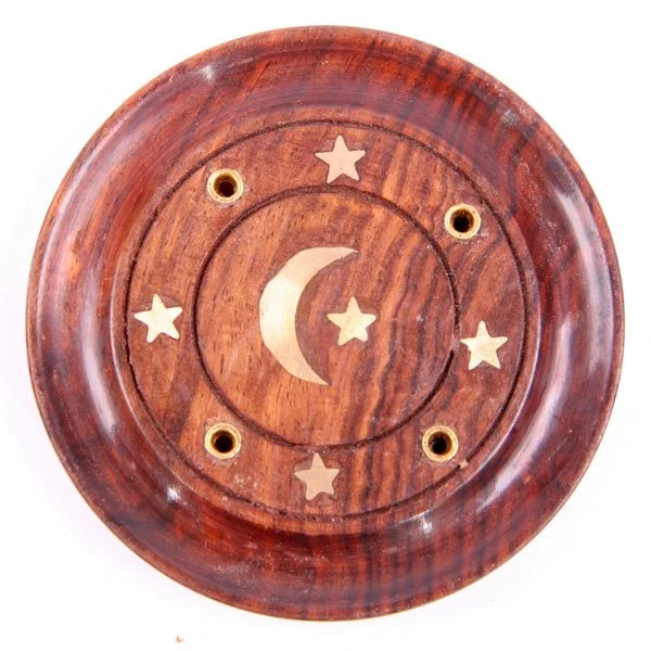 Round sheesham wood incense ash catcher featuring moon and stars, metal base, crafted in India
