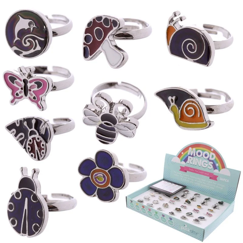 Adjustable mood ring featuring animal, bug, and flower motifs made of zinc with imitation rhodium