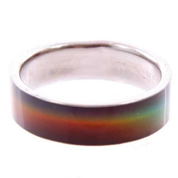 Plain mood ring on finger, sleek zinc band with imitation rhodium finish.