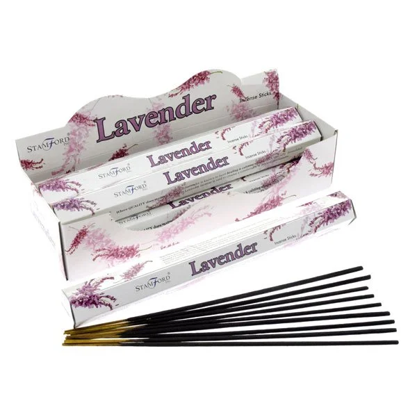 Stack of 20 lavender incense sticks in a compact pack, surrounded by cruelty free and vegan icons