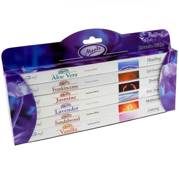 Incense sticks gift set, of 6 packs, each with 8 sticks, labels show Aloe, Frankincense, Jasmine, Lavender, Sandalwood, Vanilla