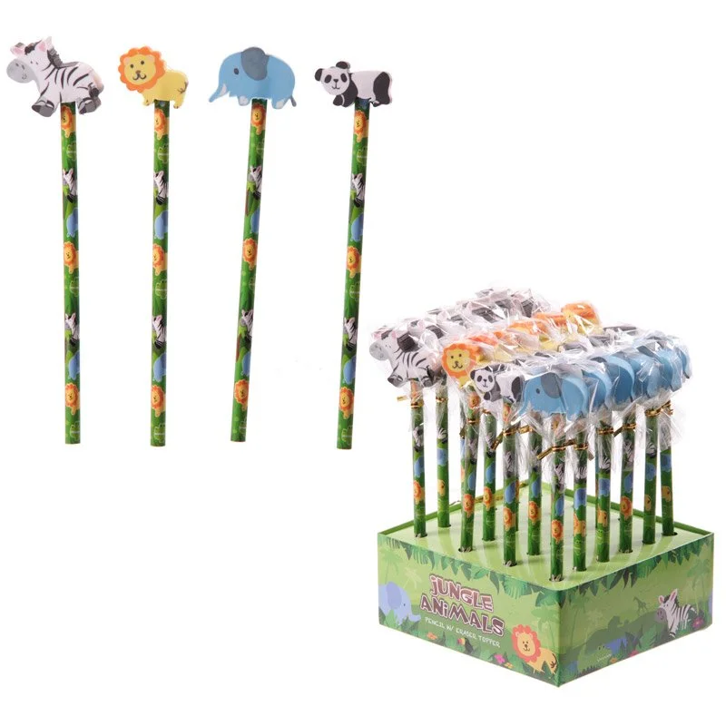 Jungle pencils for kids in bright, animal‑printed designs, showing a set of basswood HB pencils with rubber grips.