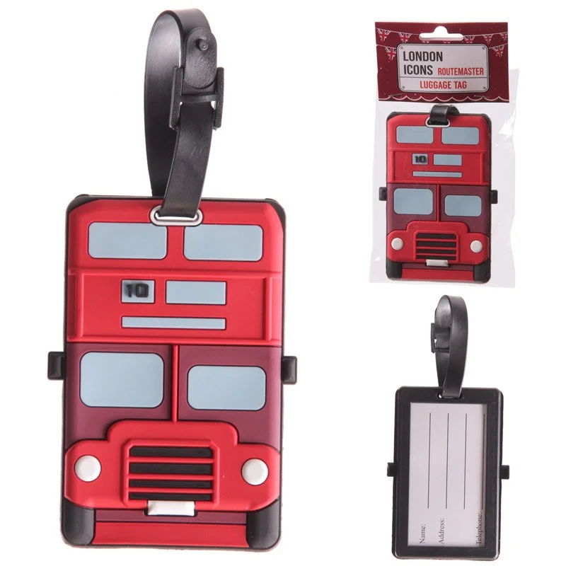 PVC tag showcasing London bus icon, a small luggage tag made in China.