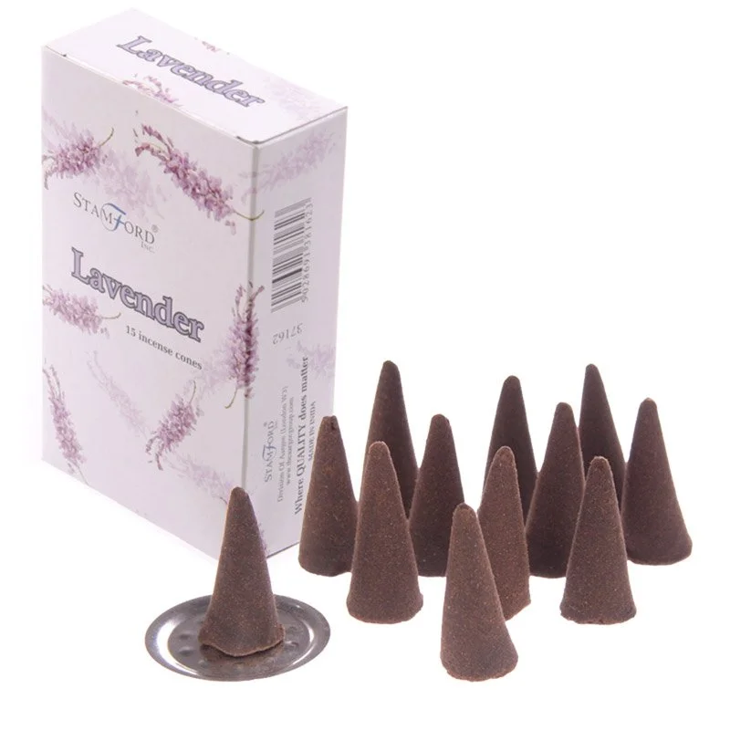 Pack of 15 hand‑rolled lavender incense cones, placed on a wooden tray with subtle natural background
