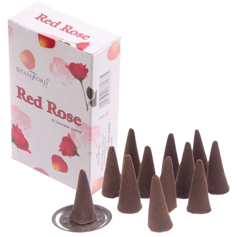 Pack of hand‑rolled red rose incense cones in a small box, 15 cones, cruelty‑free and vegan certified.