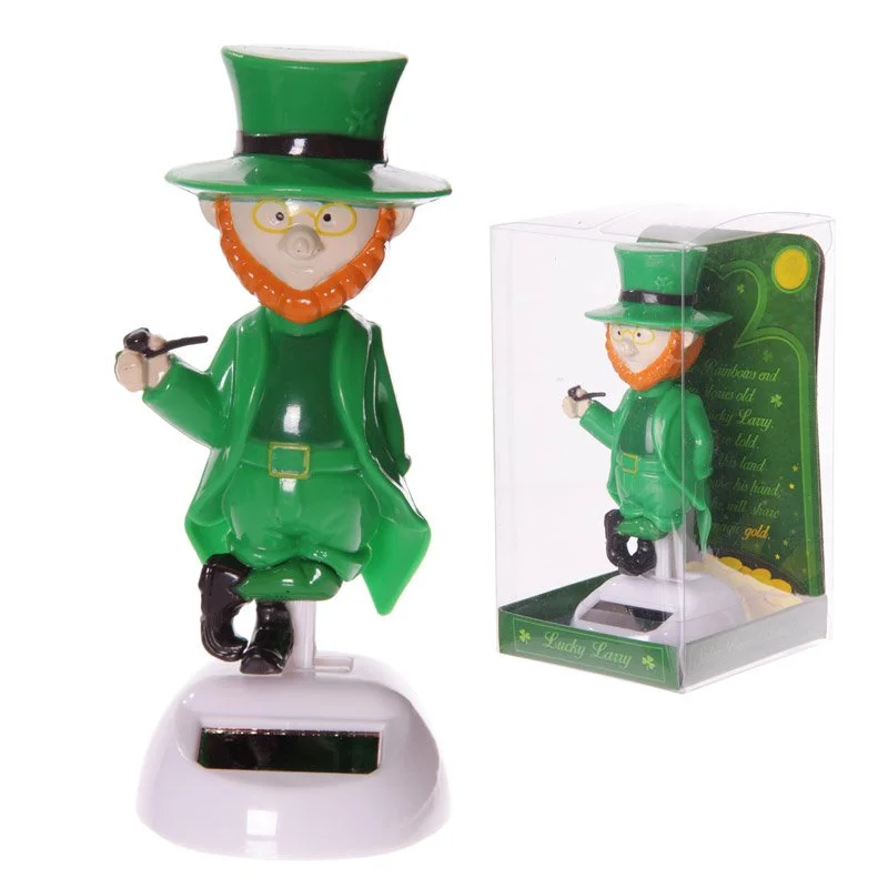 Solar garden leprechaun figurine with green hat, copper metallic details and plastic body, standing on porch tiles