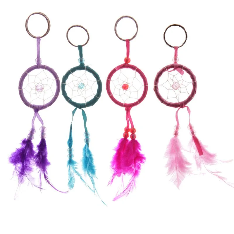 Dreamcatcher keyring featuring bright mini feathers, beads and metal elements