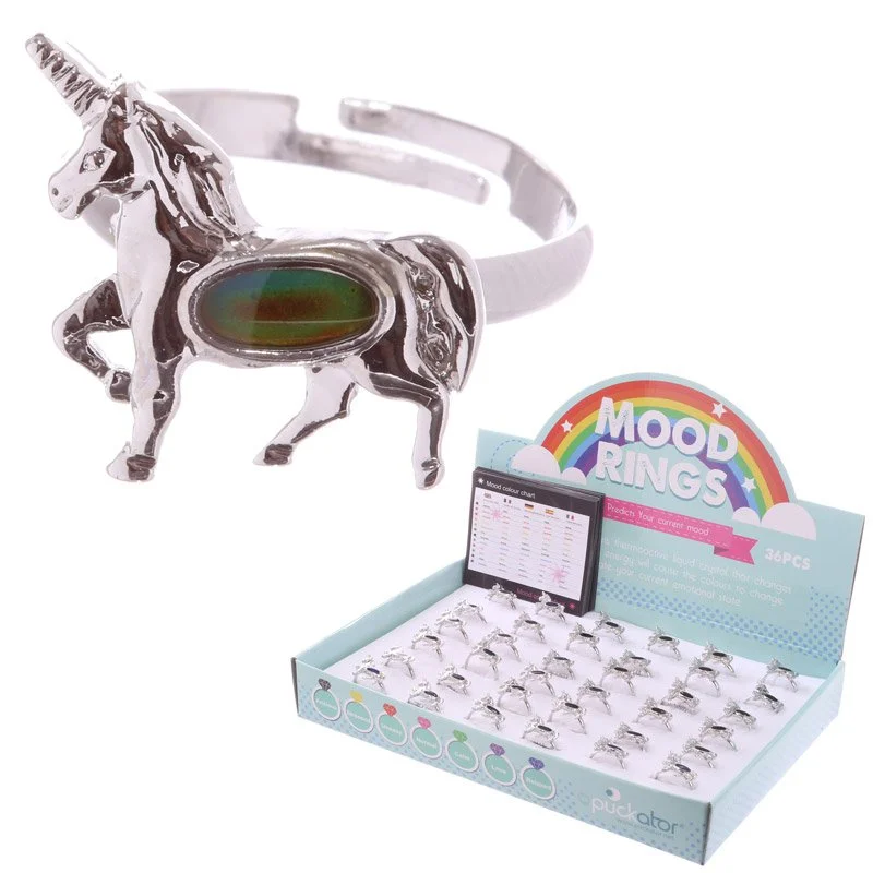 Unicorn mood ring in zinc and imitation rhodium, adjustable size, CE/UKCA safe, child friendly design.