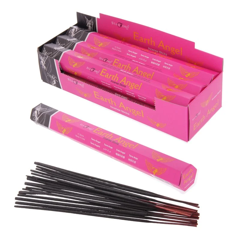 Angel incense sticks packaged in a box with 12 sticks, frankincense scent, cruelty free and vegan labels.