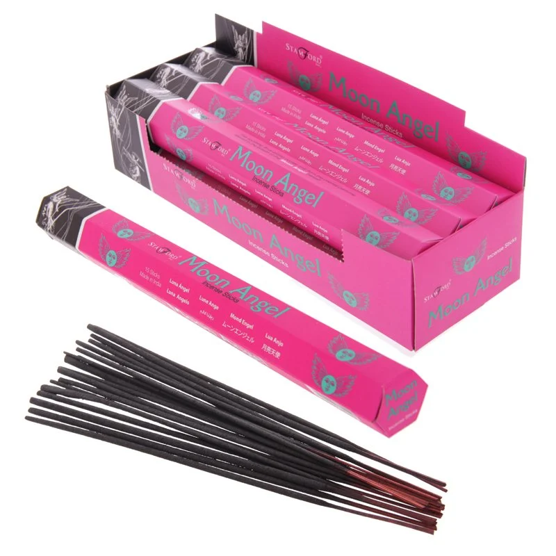 Moon Angel incense sticks in a hand‑rolled pack of 12, floral powdery scent, cruelty‑free, vegan, made in India