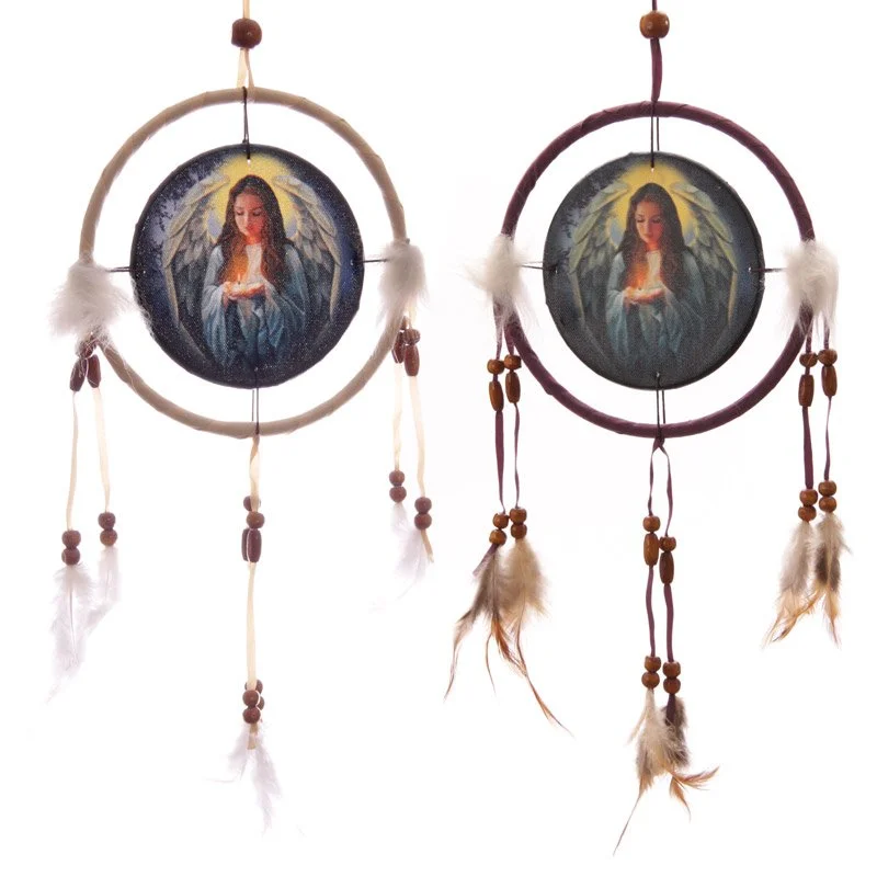 Small dreamcatcher wall hanging featuring coloured feathers, wooden beads, acrylic accents on a printed polyester frame