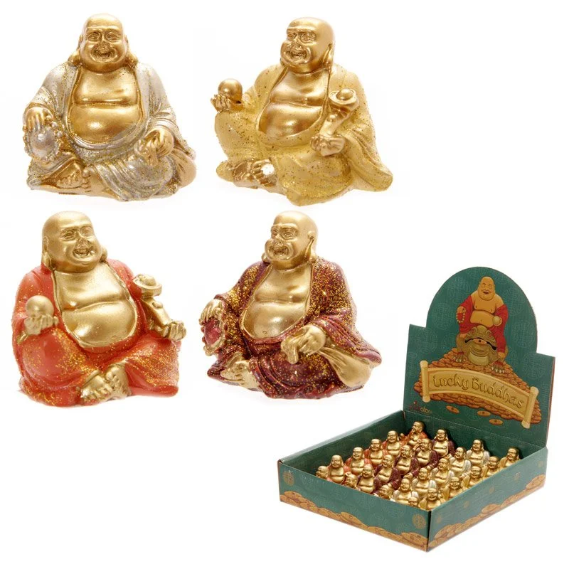 Mini Lucky Buddha figurine in resin, a compact collectible statue.
