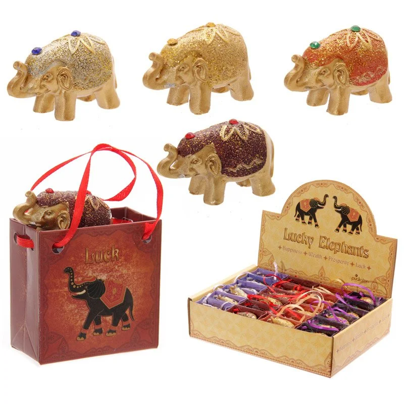 Glitter elephant figurine in a resin mini card gift bag with ribbon handles