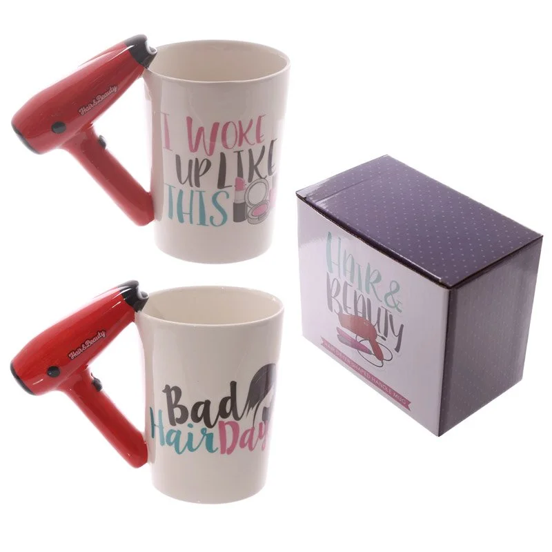 Ceramic shaped handle mug with a quirky hair dryer slogan, 400ml capacity, China made, food safe, shown on a kitchen counter.