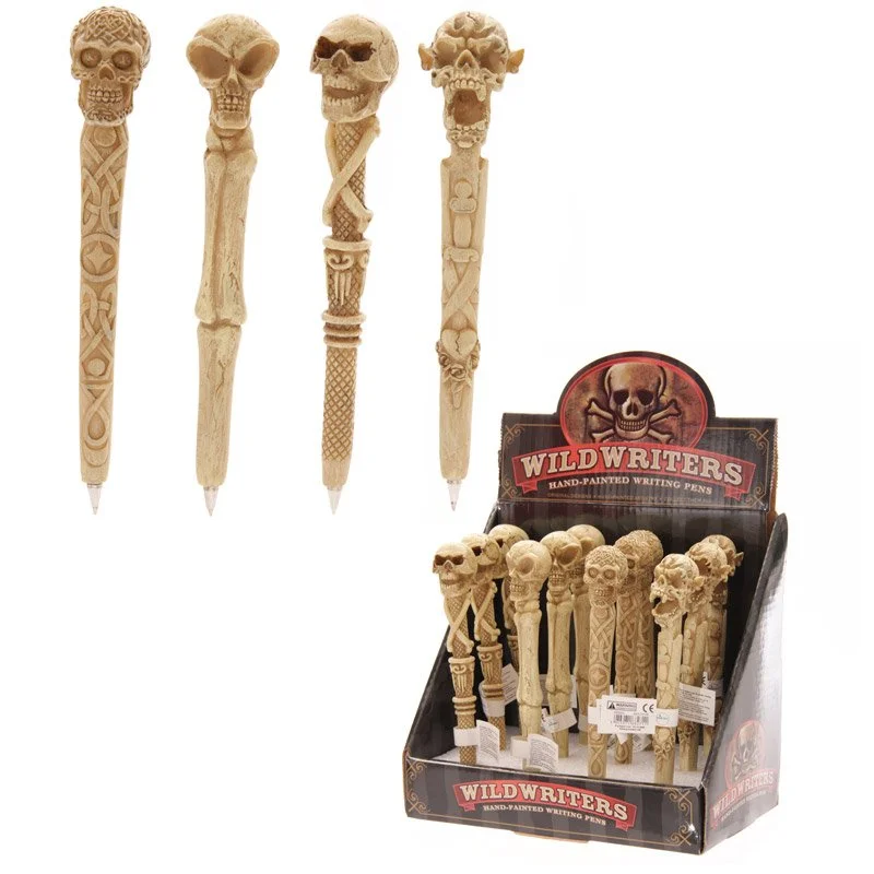 Black skull pen with resin body, polypropylene interior and polyethylene nib protector.
