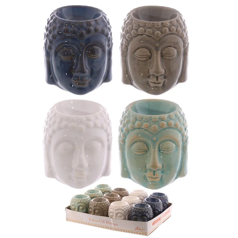 Dolomite ceramic Buddha head oil burner with crackled glaze, designed as a cup for water or oils.