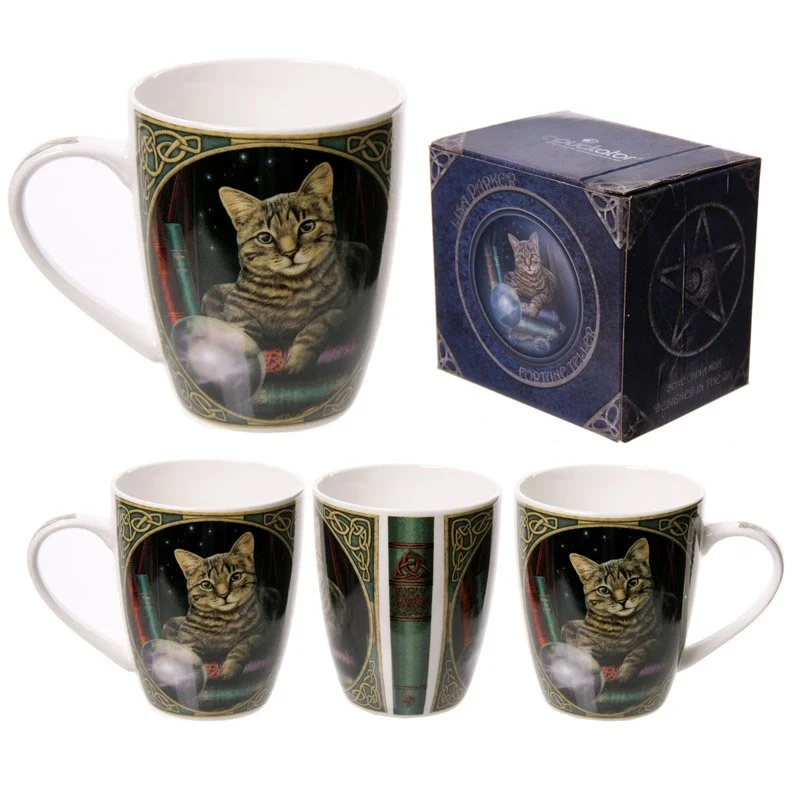 Cat porcelain mug featuring a playful fortune teller cat design.