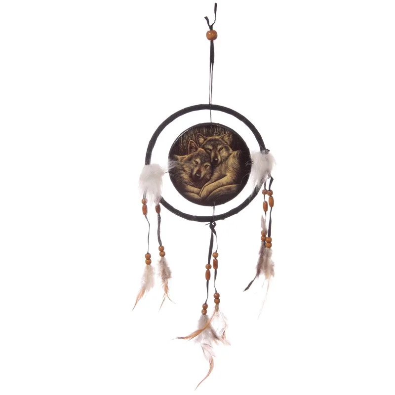 Small wolf dreamcatcher wall hanging featuring woven net, colourful beads, feathers, faux fur, and printed polyester.