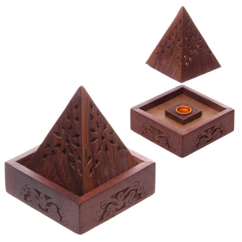 Pyramid incense cone box crafted from Sheesham wood and metal, displaying elegant fretwork design