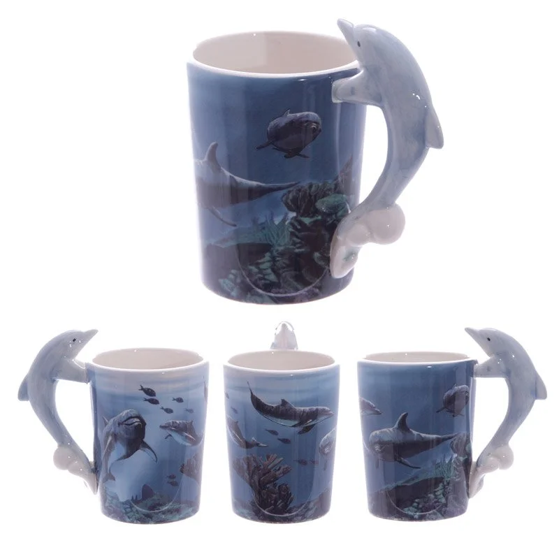 Ceramic dolphin ceramic mug with shaped handle and underwater dolphin decal.