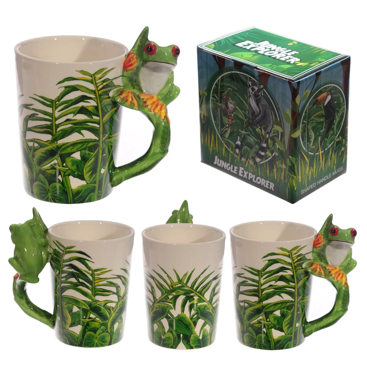 Tree frog ceramic mug with foliage decal, shaped handle, 400ml, from China.