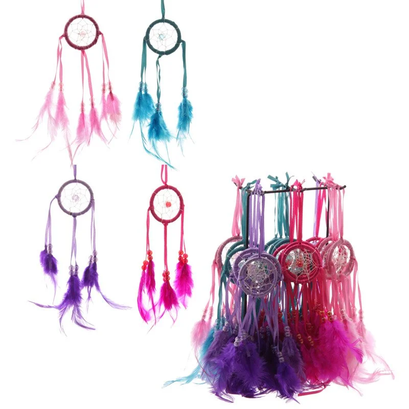 Bright mini dreamcatcher wall decor made of plastic, feathers, nylon and beads, featuring a colorful feather motif