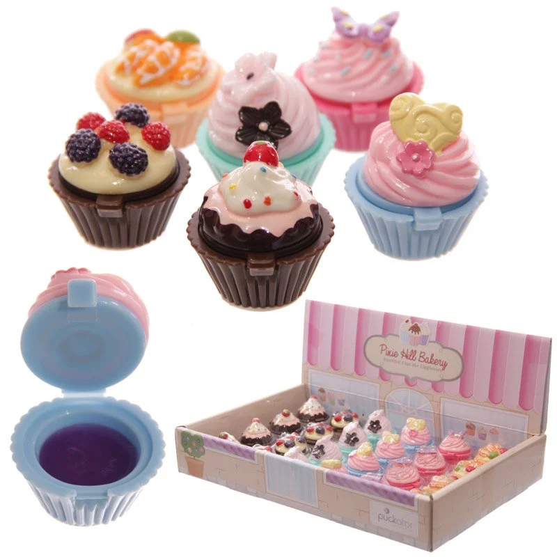 Fairy cake lip gloss in PET plastic holder with cruelty‑free, palm‑oil‑free, vegan icons.