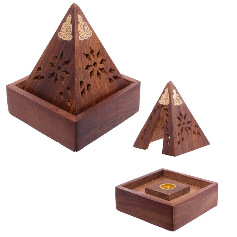 Decorative incense cone storage box, pyramid shape, made of sheesham wood and metal, from India.