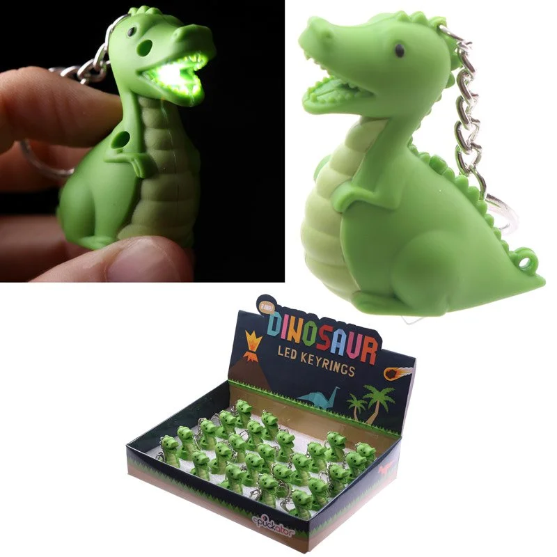 LED dinosaur keyring with bright LED light and roaring sound, metal and plastic design.