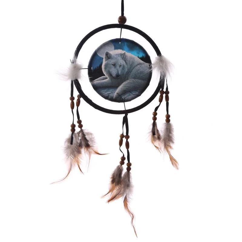 Small dreamcatcher with printed polyester mesh, plastic/nylon cords, feathers, acrylic & wooden beads, faux leather and faux fur