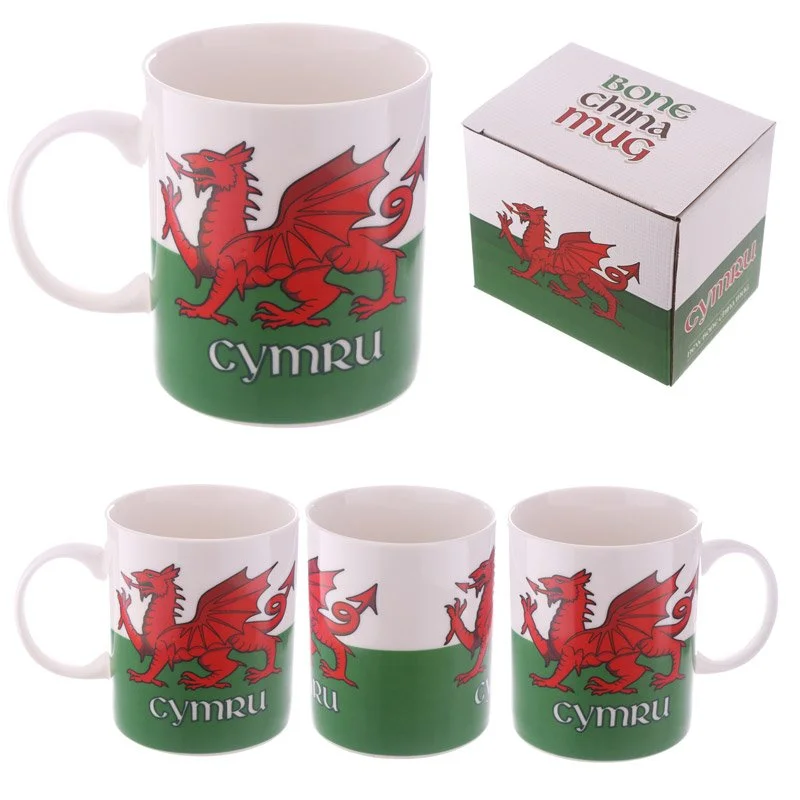 Porcelain Welsh dragon mug with dragon motif, 300ml capacity, sleek white body, showcasing Welsh culture.