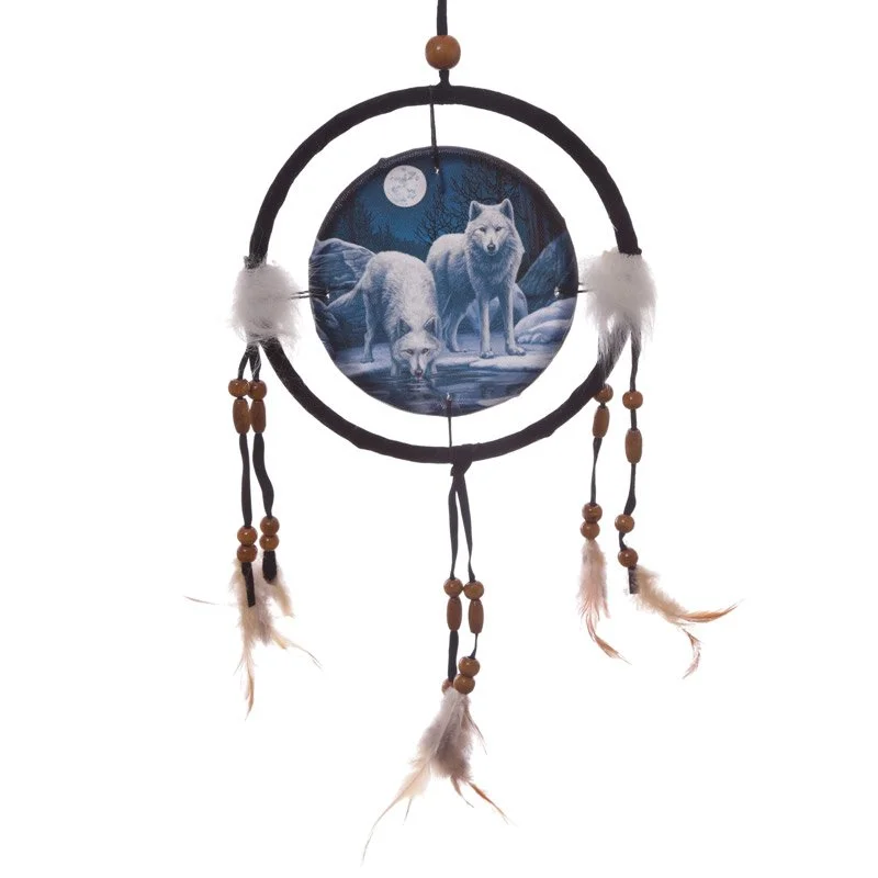 small dreamcatcher wall with printed polyester net, plastic beads, feathers, acrylic, wooden beads, faux leather and fur