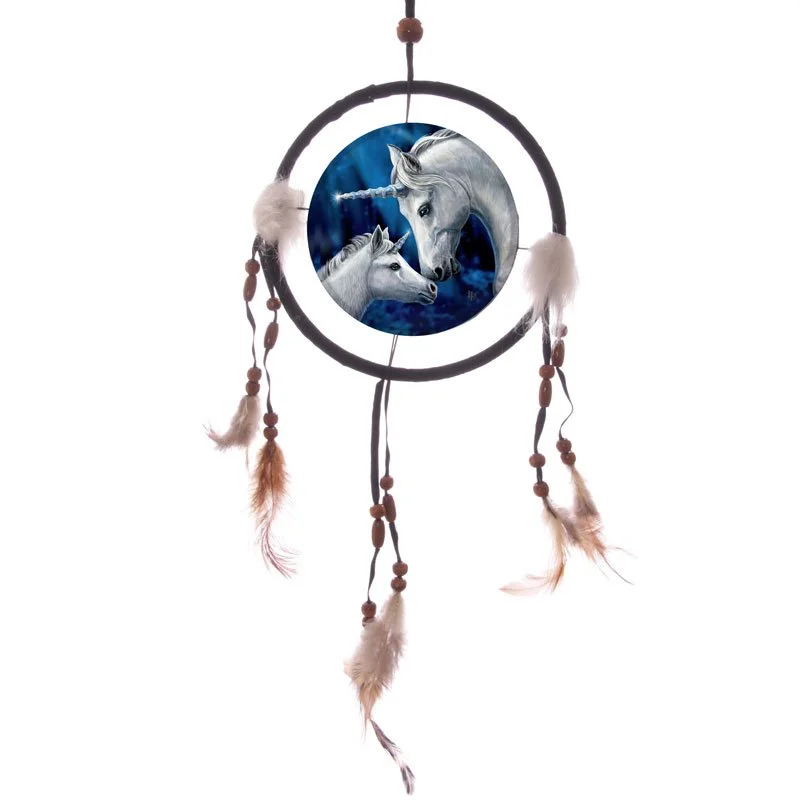Small unicorn dreamcatcher with feathered tapestry, wooden beads, faux fur and leather accents, a colorful, whimsical charm