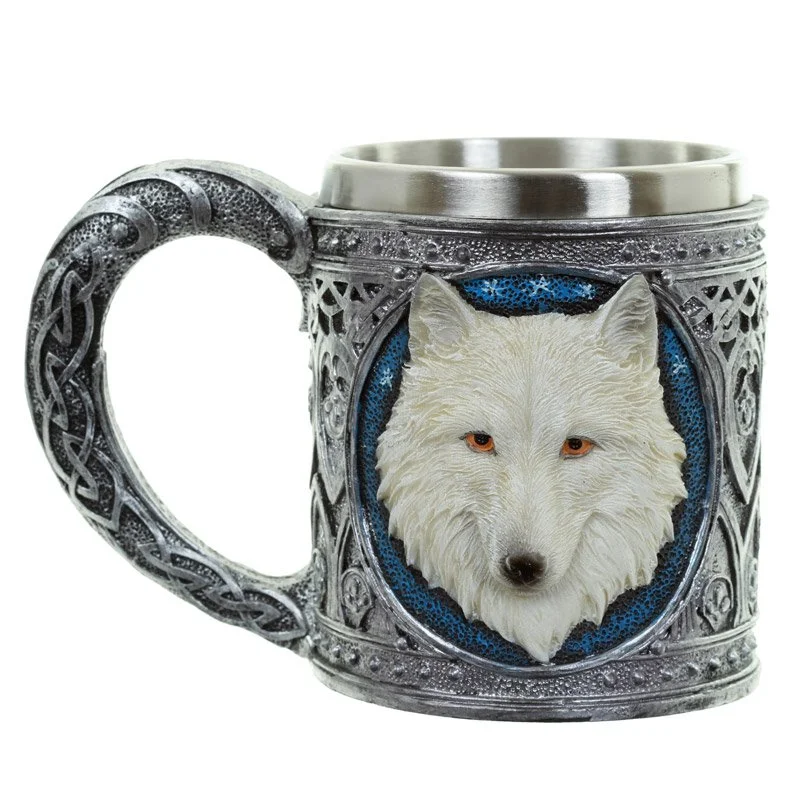 White wolf decorative tankard made of resin and stainless steel, featuring a stylized wolf design, wipe clean only.