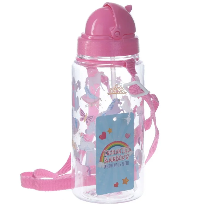 Unicorn kids water bottle with rainbow design, flip straw, 450ml capacity, reusable polymer bottle in bright colours.