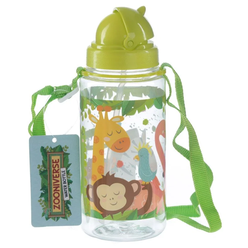 Children's water bottle – 450ml plastic bottle with flip straw, adjustable polyester strap.