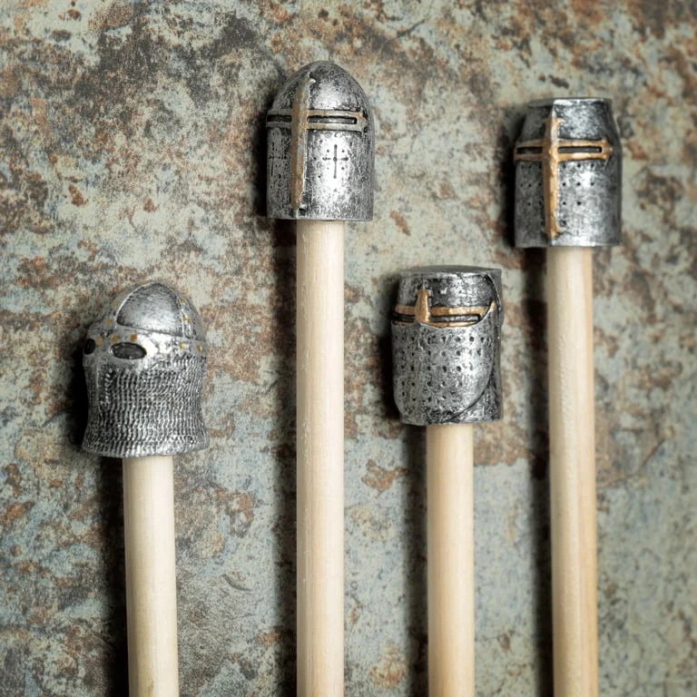 Kids pencil with topper featuring a medieval knight made of wood and resin on a white background