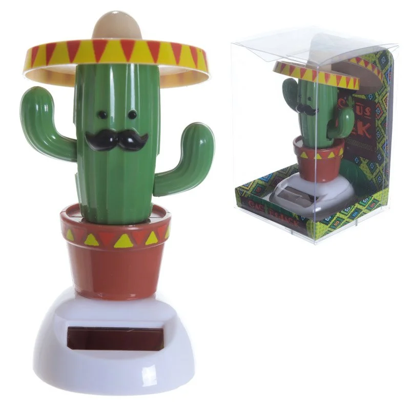 Solar cactus garden ornament with cactus topped by a colourful sombrero, plastic ABS body and metallic copper base.